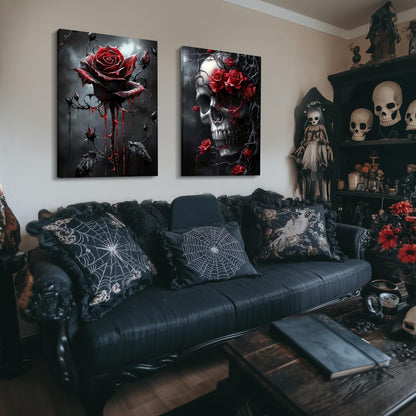 Hianan Horror Gothic Canvas Wall Art, Romance Raven Rose Halloween Wall Decor, Bloodthirst Goth Crow Rose Poster Prints, Dark Goth Skull Aesthetic Pictures for Bathroom Living Room Framed 12"x16"x3