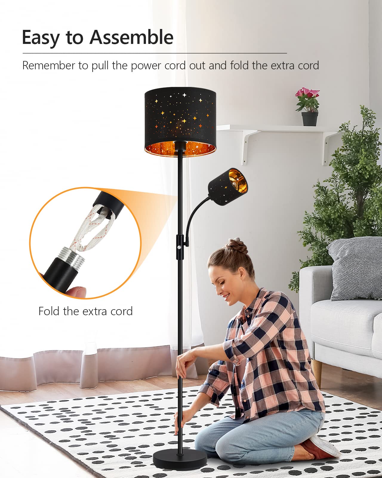 Floor Lamp Black, Reading Standing Lamps for Living Room, 62" Tall Torchiere Lamp for Kids Room, 3-Way Switch, Star-Gold Lampshade, Modern Goth Decor for Bedroom/Office, Bulbs Not Included(E26 Base)