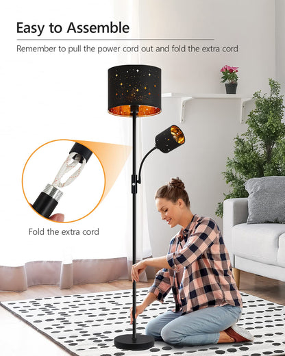 Floor Lamp Black, Reading Standing Lamps for Living Room, 62" Tall Torchiere Lamp for Kids Room, 3-Way Switch, Star-Gold Lampshade, Modern Goth Decor for Bedroom/Office, Bulbs Not Included(E26 Base)