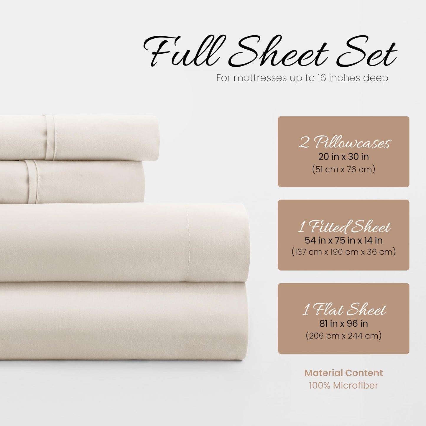 Linen Market Brushed Microfiber Full Sheet Set 4 Piece – Oeko-TEX Certified Ultra Soft & Wrinkle-Free - 16" Deep Pocket Sheets - Easy Care Full Size - Ivory