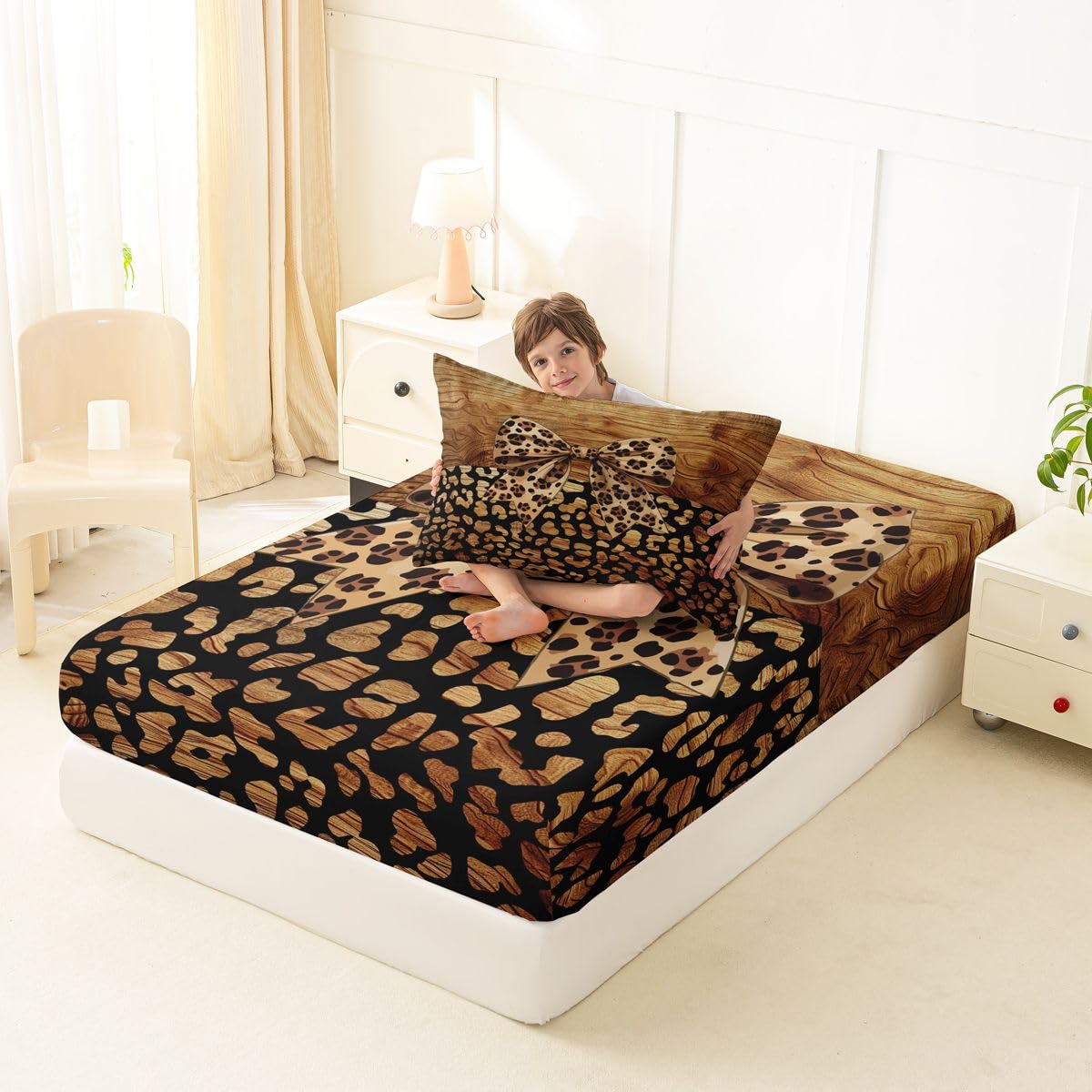 jejeloiu Brown Leopard Bow Fitted Sheet Twin Size for Kids Boys Girls Abstract Bed Sheets Set 16" Deep Pocket Leopard Print Bowknot Bedding with 1 Pillowcase Room Decor