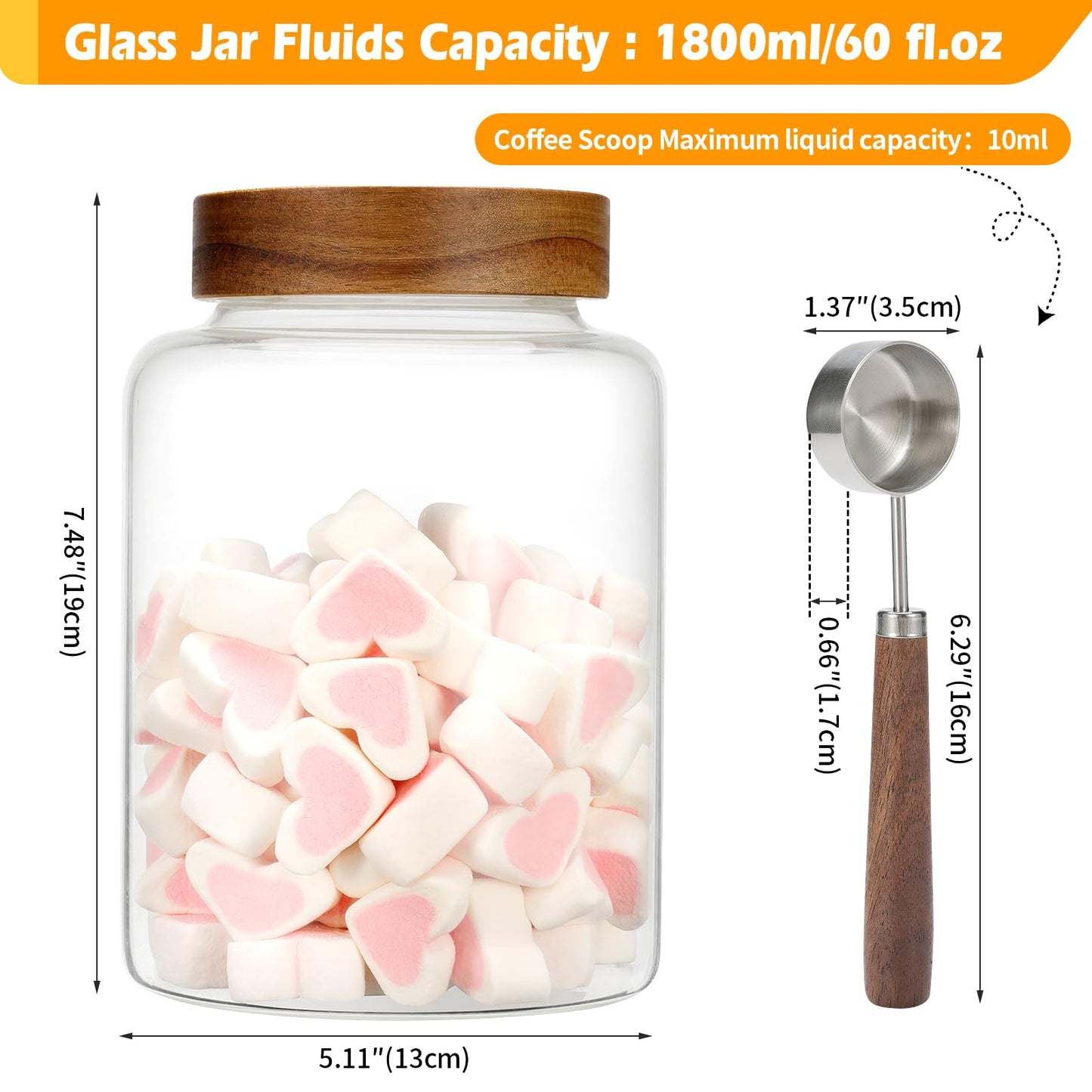 Patoper Large Glass Coffee Jars with Spoons 60 oz /1800ml, Round Storage Canister with Wooden Lid Clear Glass Food Jar for Pantry Sugar Tea Coffee Bean Spice Nuts Cookies Bath Salts (1800ml/60oz)