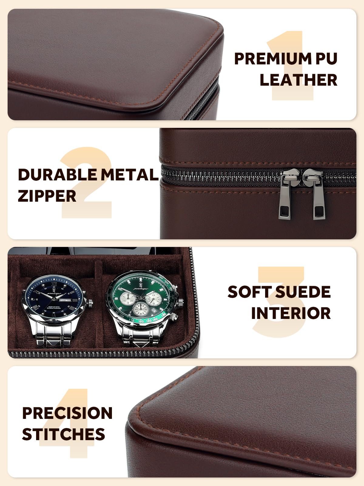 Lumayina Travel Watch Case for Men, Watch Box with Ring Rolls & Accessory Compartments, PU Leather Portable Men's Jewelry Organizer, Fits up to 50mm Watches, Gift for Him (Large – 2 Slot)