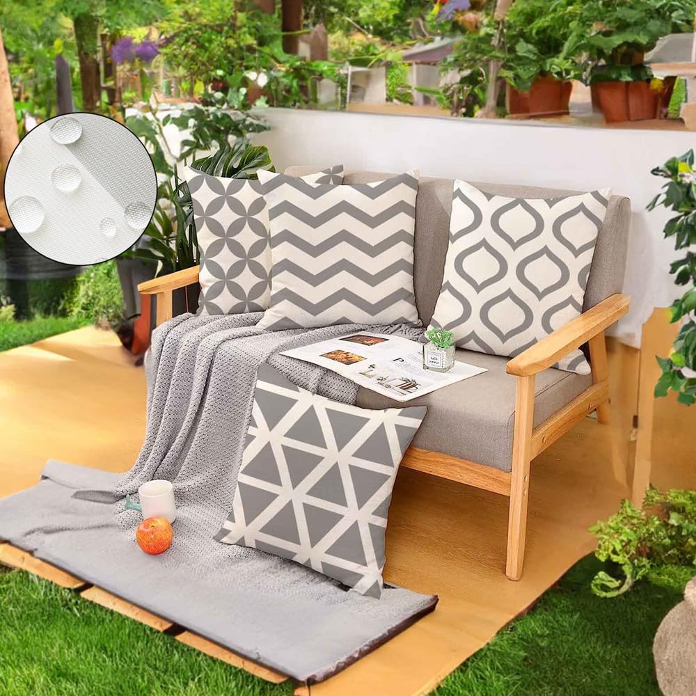 Hangood Waterproof Cushion Covers Outdoor Garden Geometry Set of 4pcs Throw Pillow Case Home Decorative Sofa Protectors Chair Living Room Grey 18"x18"