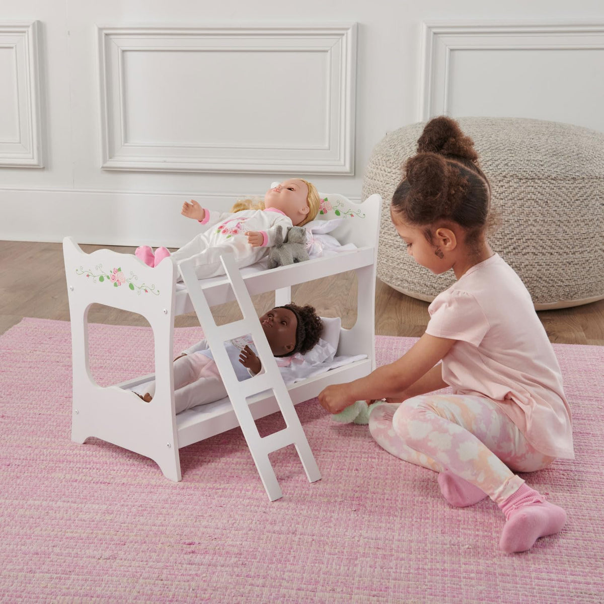 Badger Basket Doll Bunk Bed with Ladder and Bedding – Stylish White & Rose Design for 18 to 20-Inch Dolls with Pillows and Blankets