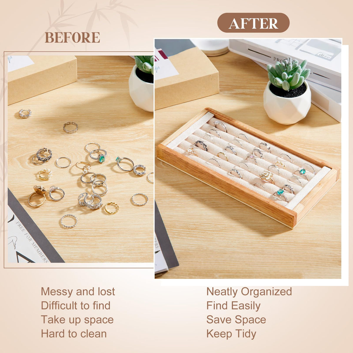 Novabright 2 Pcs Bamboo Ring Holder, 5 Slot Rings Display Tray Stand, Jewelry Rings Earrings Tray Storage Organizer for Selling Retail Exhibitions (Beige)