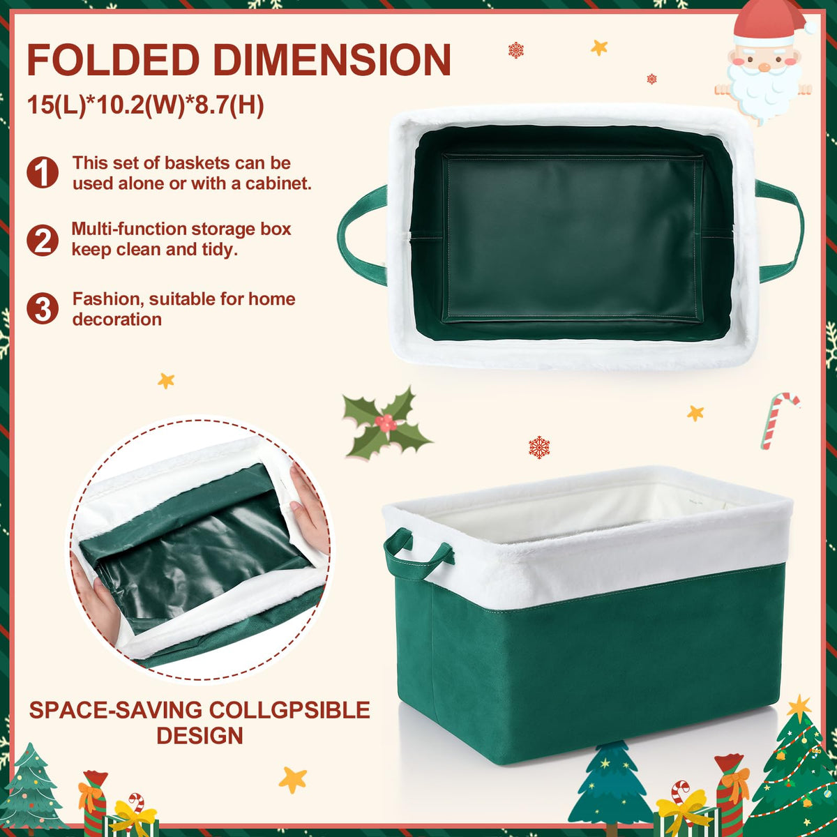 Bokon 3 Pcs Christmas Storage Basket Large Velvet Foldable Storage Bin with Handles Flannel Waterproof Closet Organizer Christmas Gift Basket for Office Home Bedroom Clothes(Green)