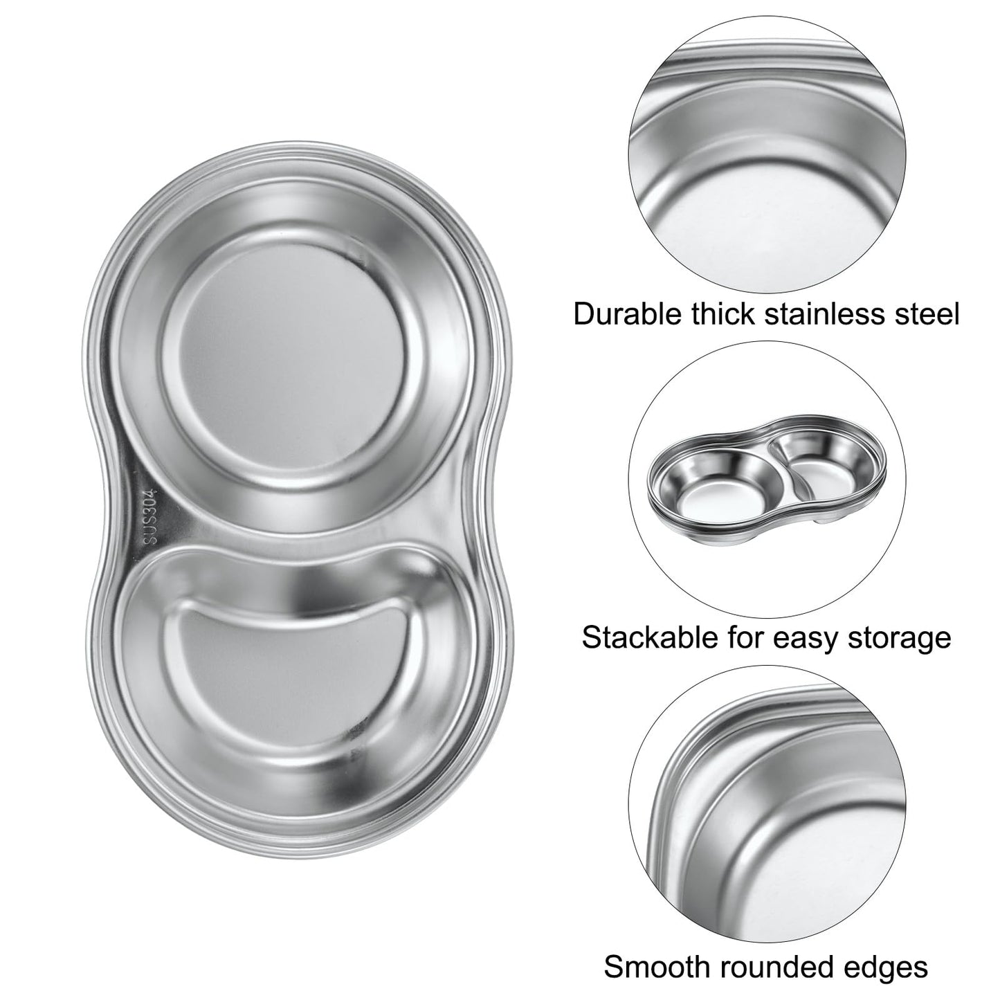 uxcell 6 Pack Stainless Steel Dish Dipping Bowls with 2 Round Compartment Divided, Metal Seasoning Plate Dipping Bowl for Condiment Home Party Restaurant Picnic Travel, Silver