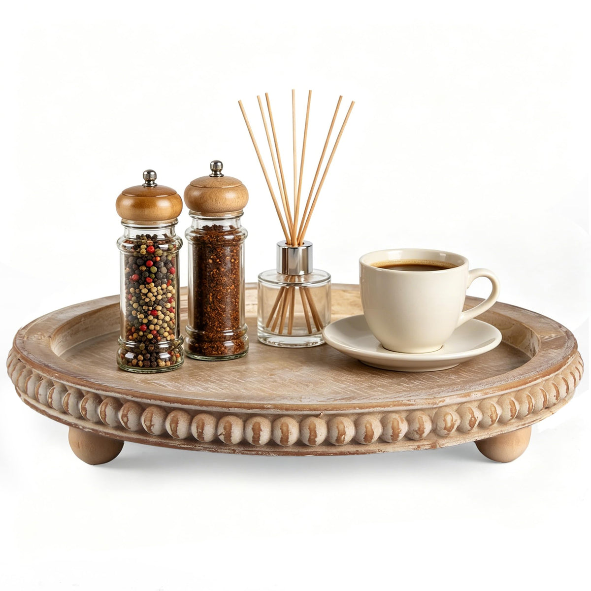Round Decorative Tray for Coffee Table, Natural Wood Beaded Tray with Detachable Legs, 11.87" Farmhouse Rustic Serving Tray for Living Room, Ottoman, Kitchen Counter, Dining Table Decor