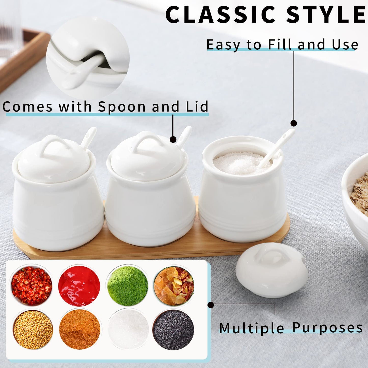 HAOTOP Porcelain Condiment Jar 3 Pack Set with Tray, 12 Ounces White
