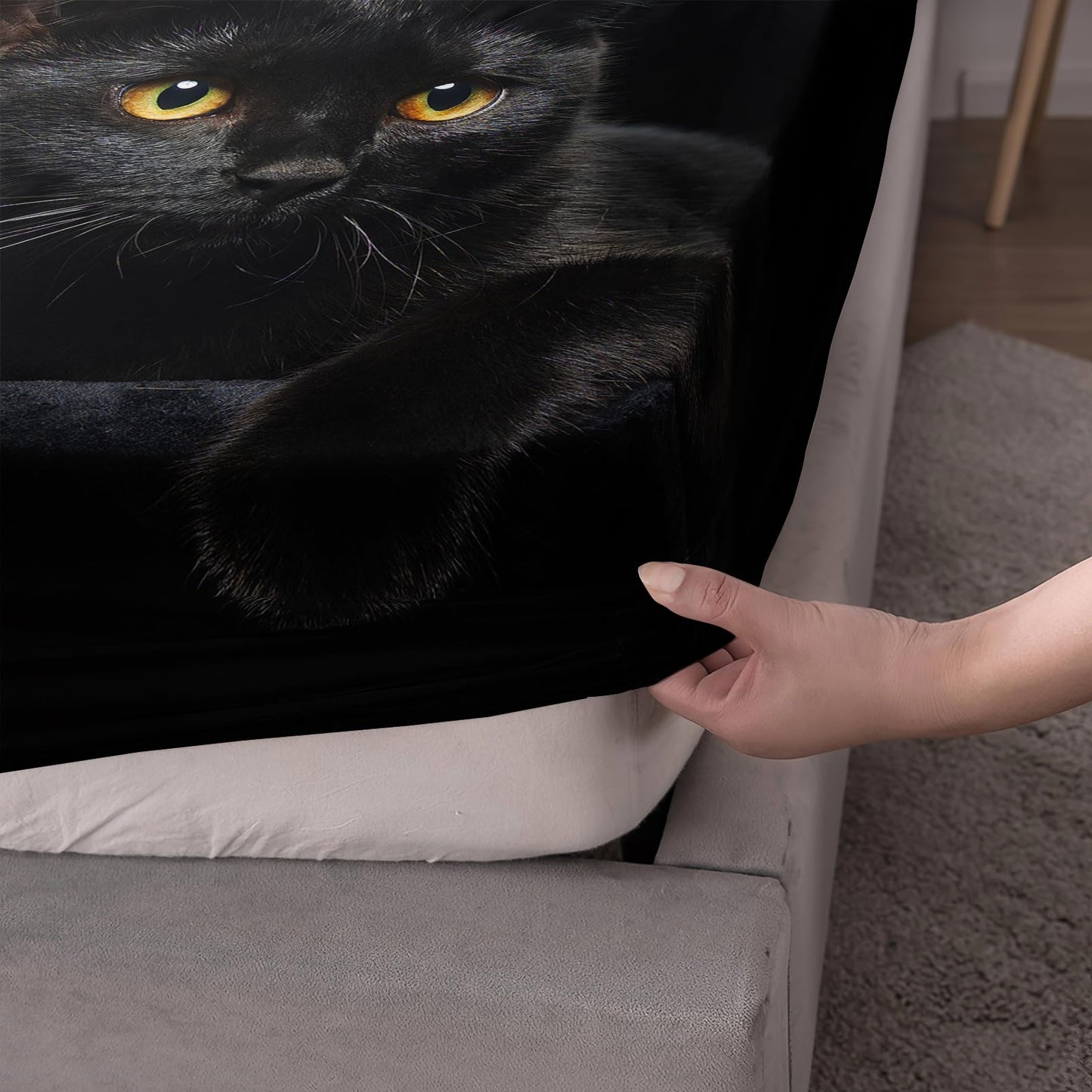 Nttopship Black Cat 4 Pieces Bed Sheets Soft Microfiber,Bedding Set Fitted Sheet Deep Pockets Top Flat Sheet Room Decor Animals Queen Size with 2 Pillowcases for Girls and Boys