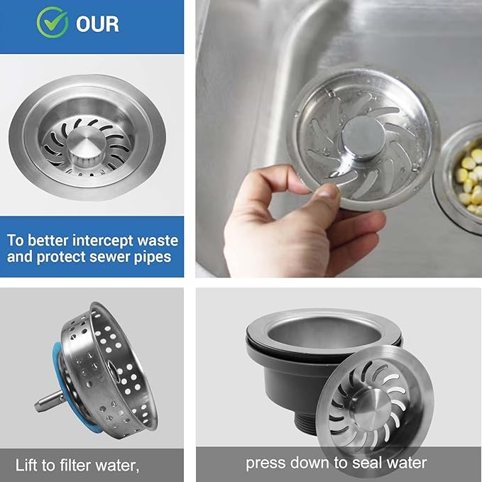 3-1/2'' Kitchen Sink Drain Kit Sink Drain Basket Sink Drain Assembly 304