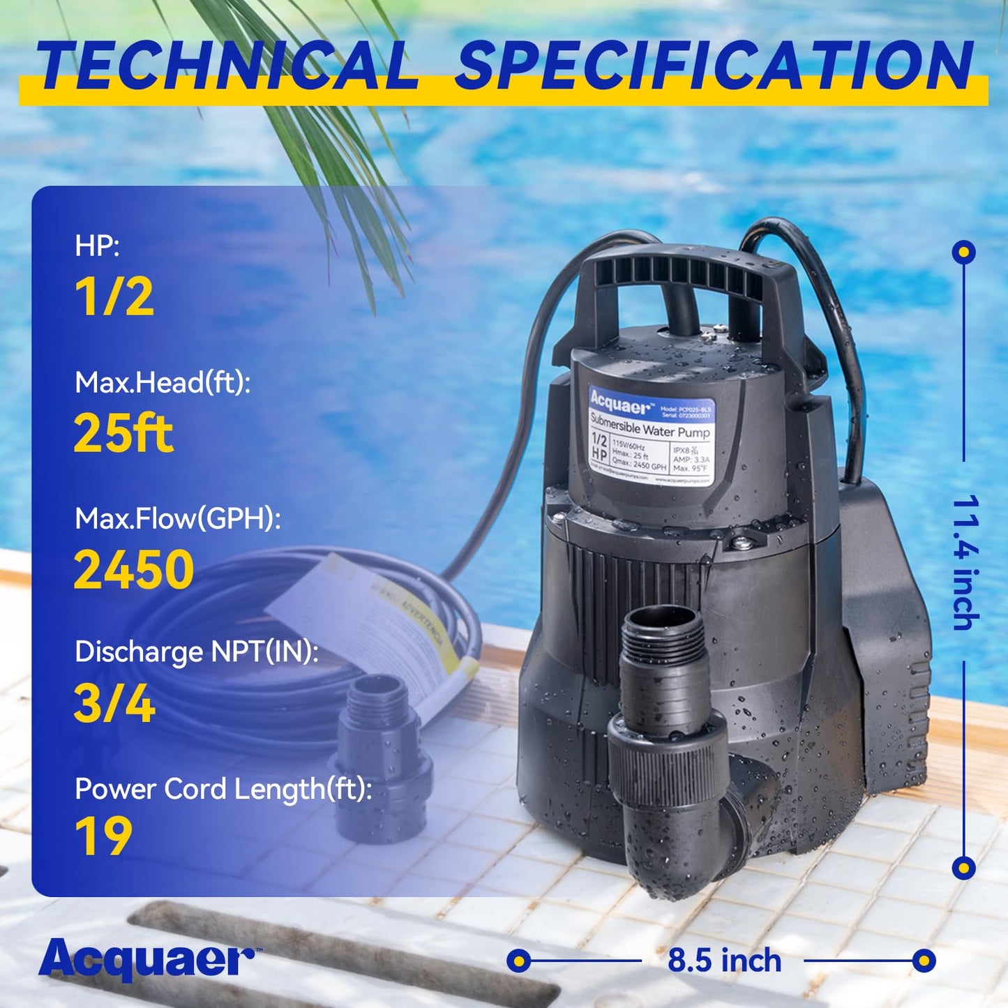 Acquaer 1/2 HP Automatic Sump Pump, 2450 GPH Submersible Water Pump with 3/4”Garden Hose Check Valve Adapter, Thermoplastic Utility Transfer Pump for Flooded Basement Pools Tub Draining, 19ft Cord
