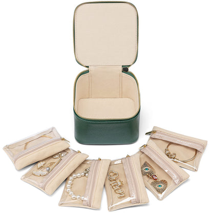 VLANDO Gifts for Teachers,Travel Jewelry Box with 6 Velvet Jewelry Zipper Pockets Jewelry Case Premium Petal Hardware Travel Jewelry Organizer Graduation Gifts (Green)