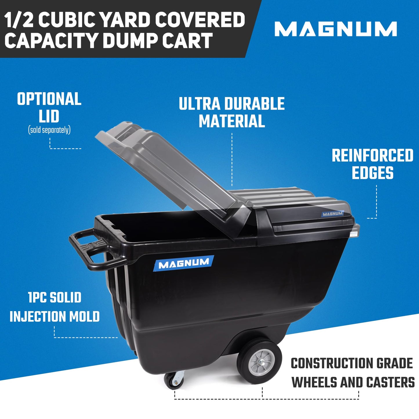 Magnum Tilt Truck, 1/2 Cu. Yd. Capacity Dump Cart with Heavy Duty 12” Wheels & 5” Casters for Handling, Transporting on Construction Jobsites, 750 lbs, Trash Cart with Wheels DUC12A-02PK (2-Pack)