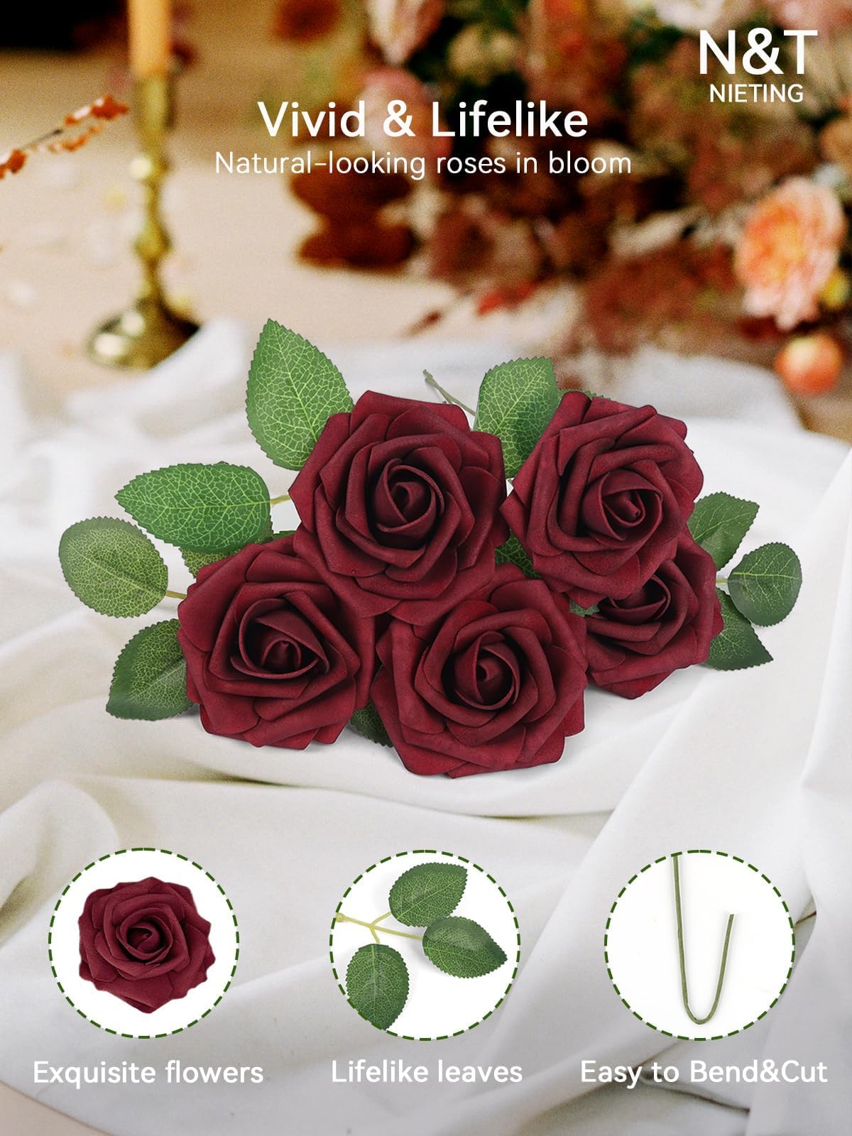 N&T NIETING Artificial Flowers Roses, 25Pcs Red Foam Roses Real Touch Roses with Stems Fake Flowers for Wedding Bridal Bouquets Centerpieces Floral Arrangement Party Home Decoration, Dark Red