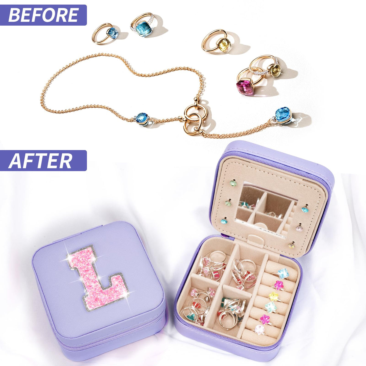 Uygafly Travel Jewelry Case - Personalized Jewelry Box for Women,Small Jewelry Organizer Cute Jewelry Organizers and Storage Aesthetic,Travel Essentials Birthday Gifts for Girls Women | Lavender,L