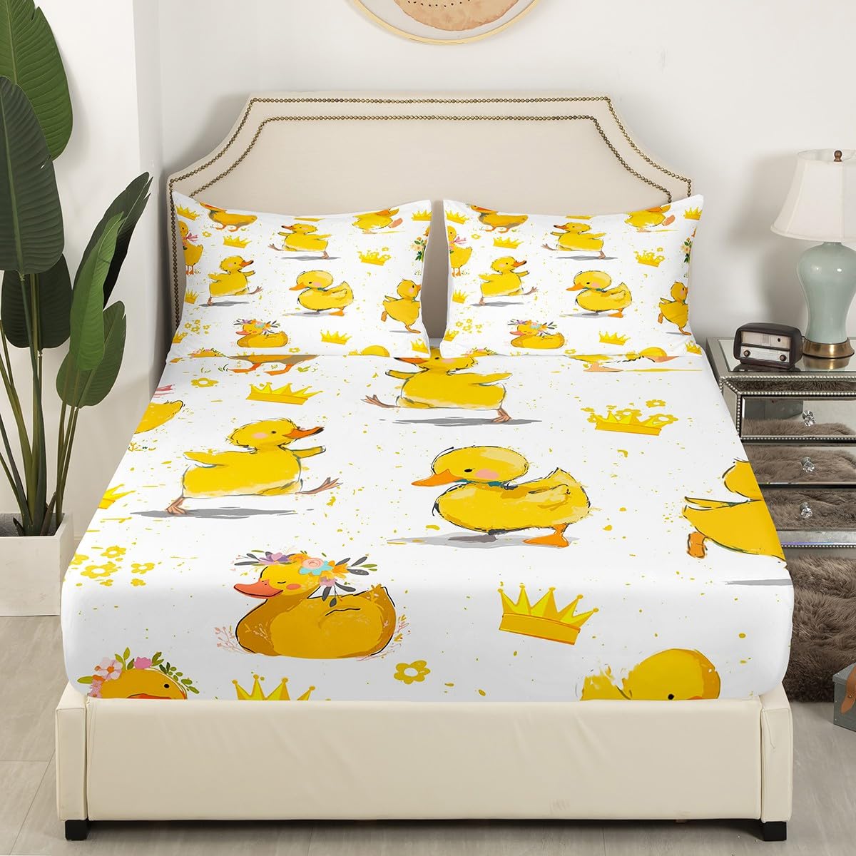 Cartoon Duck Sheet Set for Kids Boys Girls,Kawaii Duck + Crown Flowers Bed Sheets Set Full,Cute Duck Bedding Set,Lovely Farmhouse Animal Fitted Sheet + Top Sheet + 2 Pillowcases Bedroom Decor