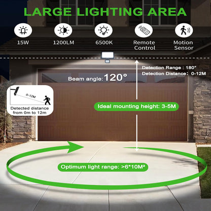 CLY 2 Pack Security Lights Outdoor with Motion Sensor, 15W 1200LM LED Floodlight with Remote Control IP66 Waterproof PIR Sensor Lights 6500K LED Outdoor Lights for Garden, Backyard, Garage, Doorways