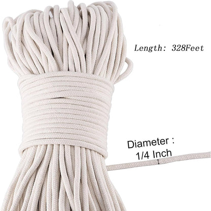 MOUYAT 328 Ft x 1/4 Inch Natural Cotton Rope, White Clothesline Cotton Cord, All Purpose Braided Cotton Cord Utility Rope for Clothes Hanging, Macrame, Plant Hanger, Knitting Crafts