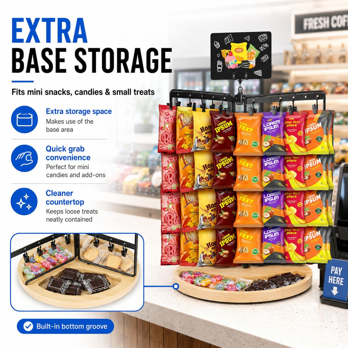 Chip Rack Display Stand, 360° Rotating 6-Sided Chip Holder Display for Countertop with 75 Adjustable Clips, Wooden Base Tray, DIY Message Board & Pen, Snack Display Rack for Concession Stand, Retail, Office, Parties