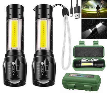 Wrrozz Led Flashlight Rechargeable USB Torch Mini Small Light Super Bright Handheld Tiny Portable Pocket Keychain Flash Light with COB Side Searchlight High Lumens Zoomable Emergency Camping 2 Pack