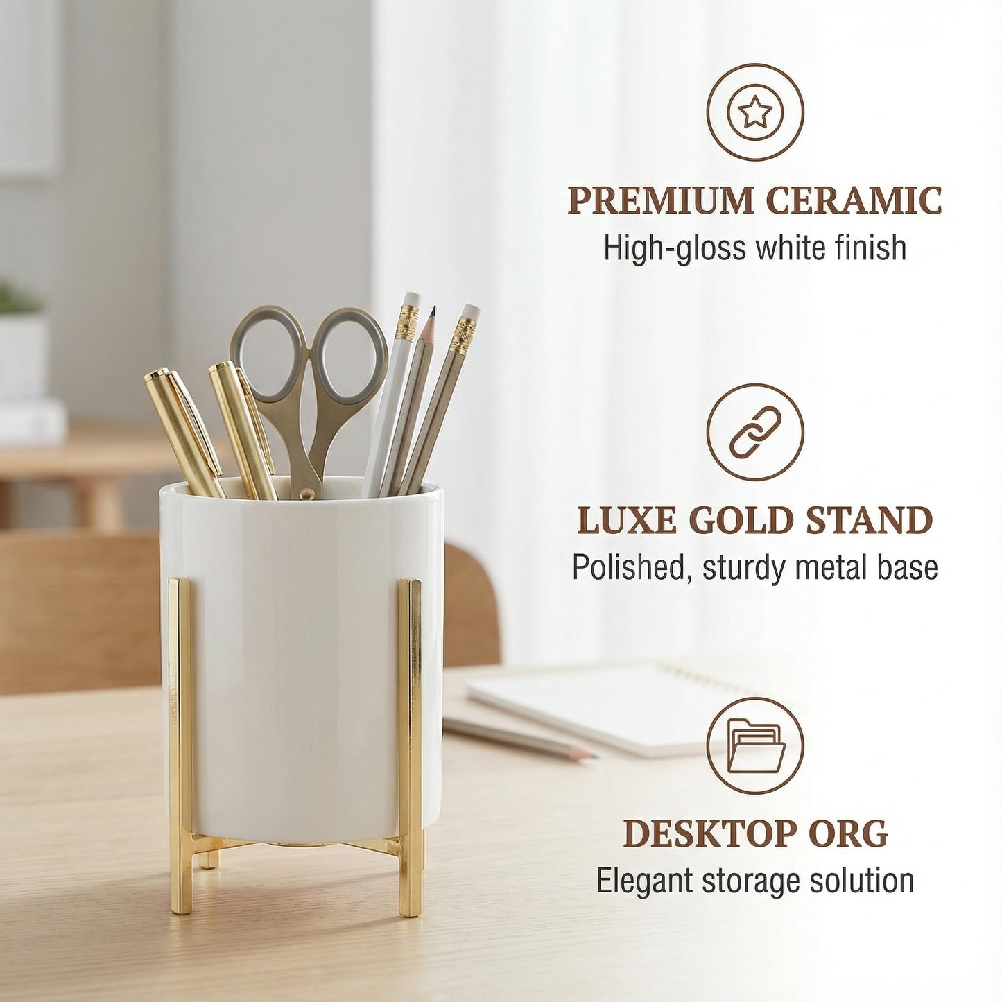 MONOSUGO 4.72" Gold Pen Holder Aesthetic Pencil Holder for Desk, Gold Desk Organizers and Accessories for Women Girls, Ceramic Pen Holder for Office