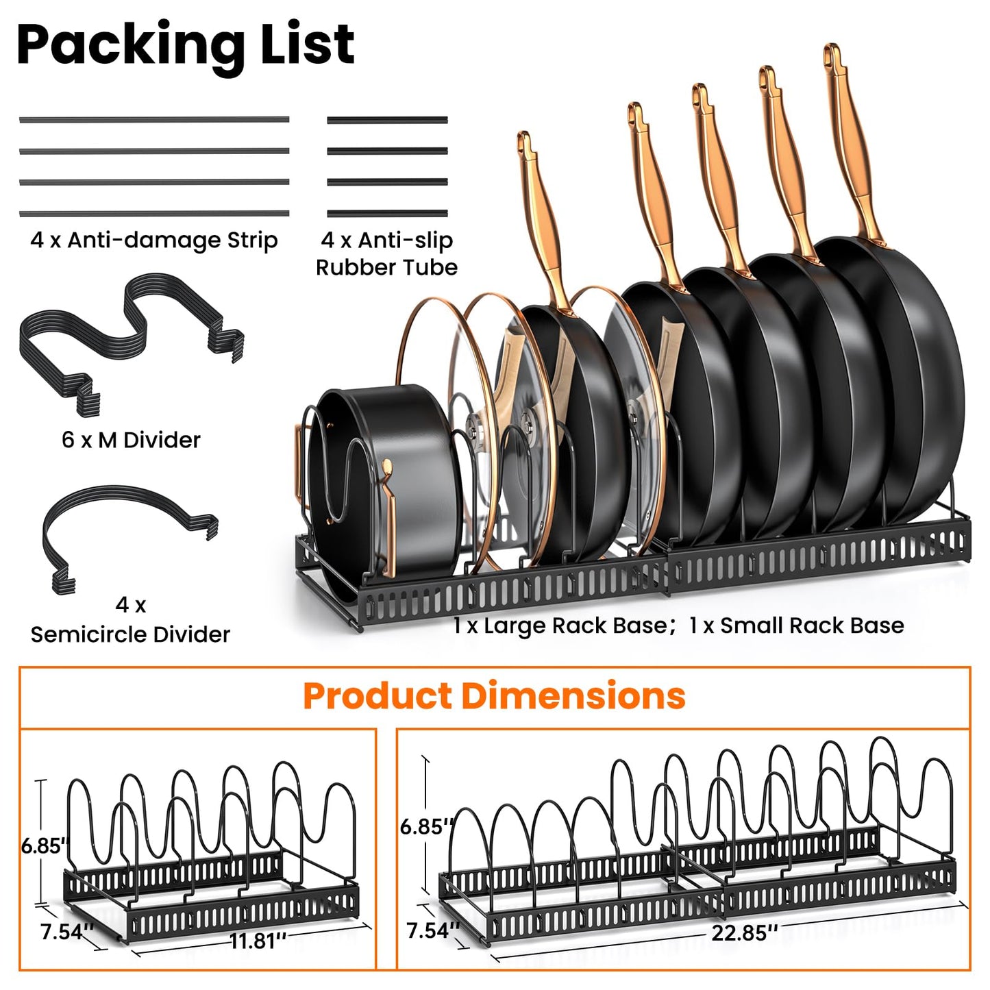 MUDEELA Pots and Pans Organizer Rack for under Cabinet, Expandable 11.81''-22.85'' Pot Lid Kitchen Cabinet Organizer Holder with 10 Adjustable Compartment Cutting Board Organizer for Pan Lid, Bakeware