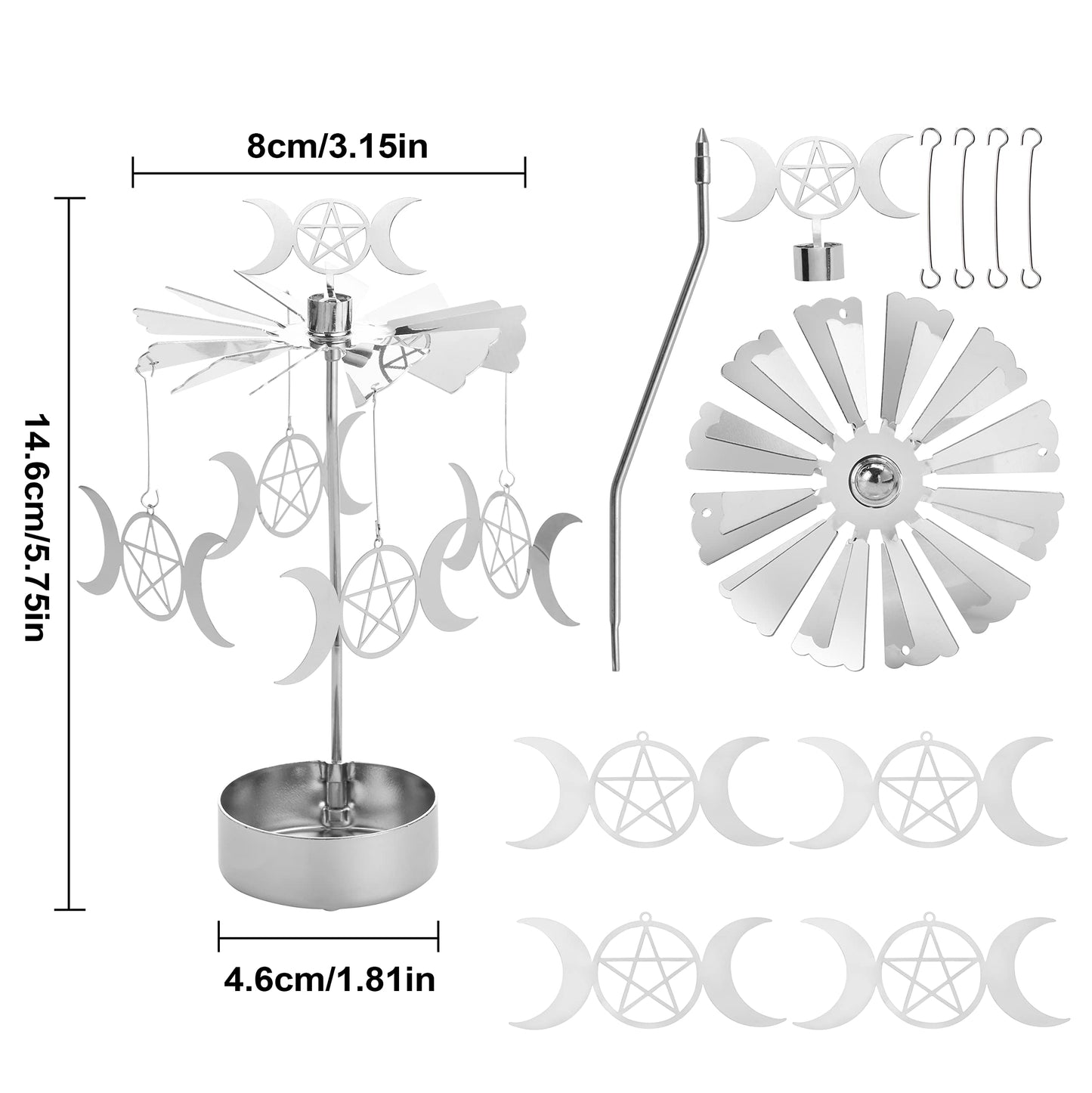 Spinning Tea Light Candle Holder, Silver Triple Moon Carousel Tealight Display, Metal Rotating Witch Decor for Altar Tables, Valentine's Day, Party Decor, Gifts