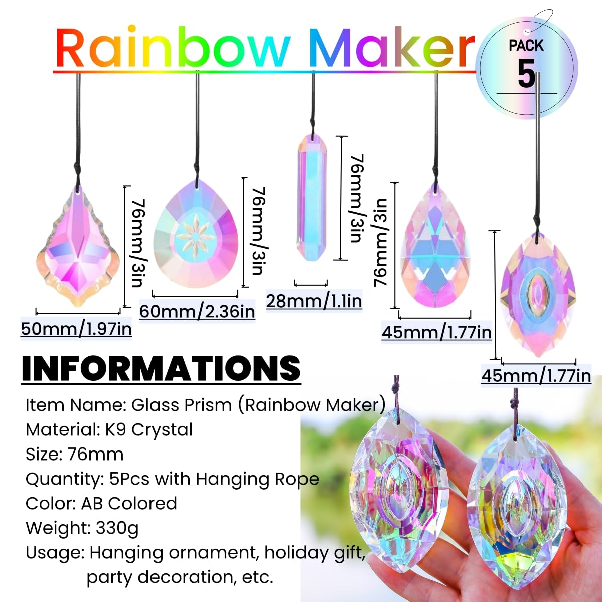 5Pcs 3-inch Crystal Sun Catcher Prisms for Windows Garden Patio,AB Colored Hanging Suncatchers with Glass Prism Rainbow Maker Ideal