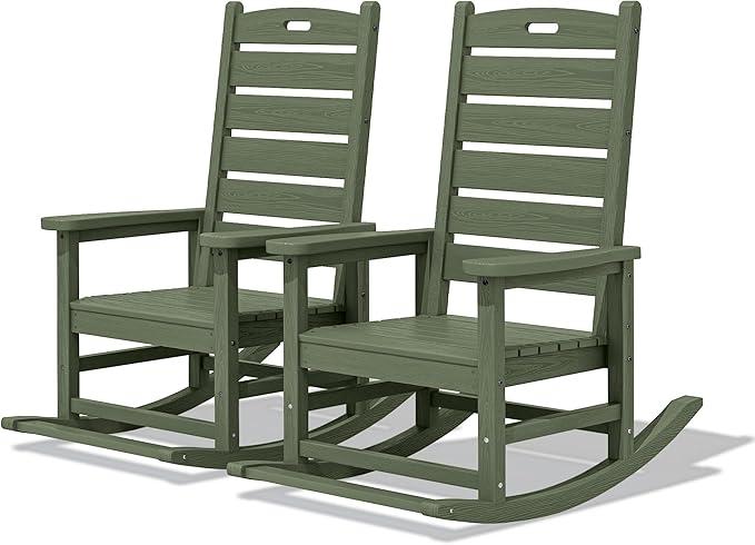 SERWALL Outdoor Rocking Chair Set of 2, Oversized Rocking Chair with Footboard for Adults, HDPE All Weather Resistant Rocking Chairs for Patio, 350lbs Weight Capacity,Avocado Green