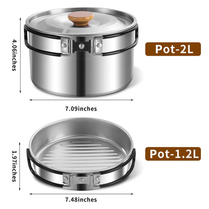 13Pcs Outdoor Camping Cookware Set, Lightweight Pot Pan with Stainless Steel Fork Spoon Kits、Cups and Plate, Perfect for Camping Trips and Climbing