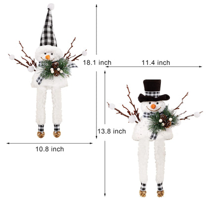 Lulu Home Christmas Snowman Decorations, Set of 2 Plush Shelf Sitters with Dangling Legs, Buffalo Checked Christmas Snowman Ornaments for Table Mantel Desk Fireplace Home Holiday Decor