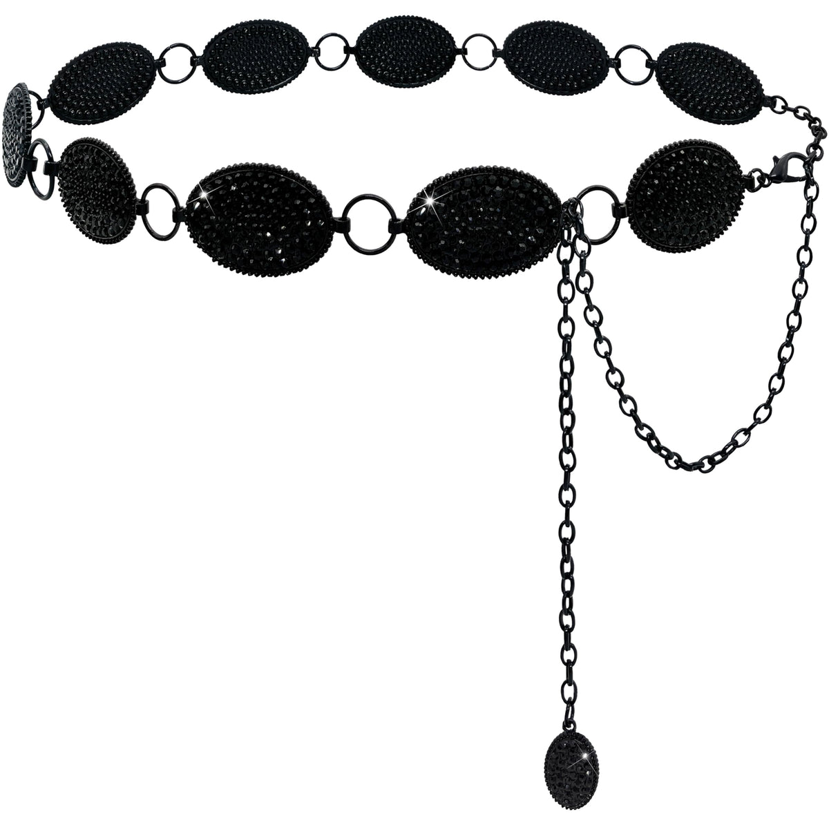Xiokyo Bling Rhinestone Concho Belt Heavy Metal Western Crystal Chain Belt Cowgirl Sparkly Waist Chain for Women (Black-black Crystals, 38–40")