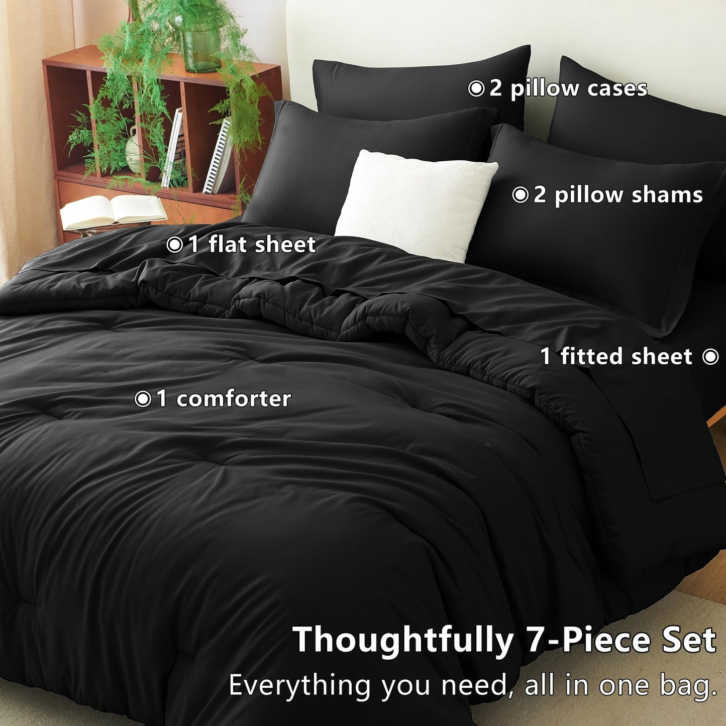 CozyLux King Size Comforter Set Black, 7 Pieces Bed in a Bag King Comforter Set with Sheets, Luxury Soft Bedding Sets with Down Alternative Comforter, Fitted Sheet, Flat Sheet, Pillowcases & Shams