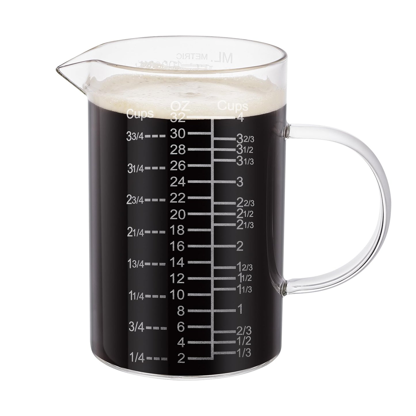 Ackers Etched Graduated Glass Measuring Cup - [Insulated Handle | V-Shaped Spout] - High Borosilicate Glass Measuring Cup for Kitchen or Dining, Easy to Read,1000 ML (32 Oz, 4 Cup)