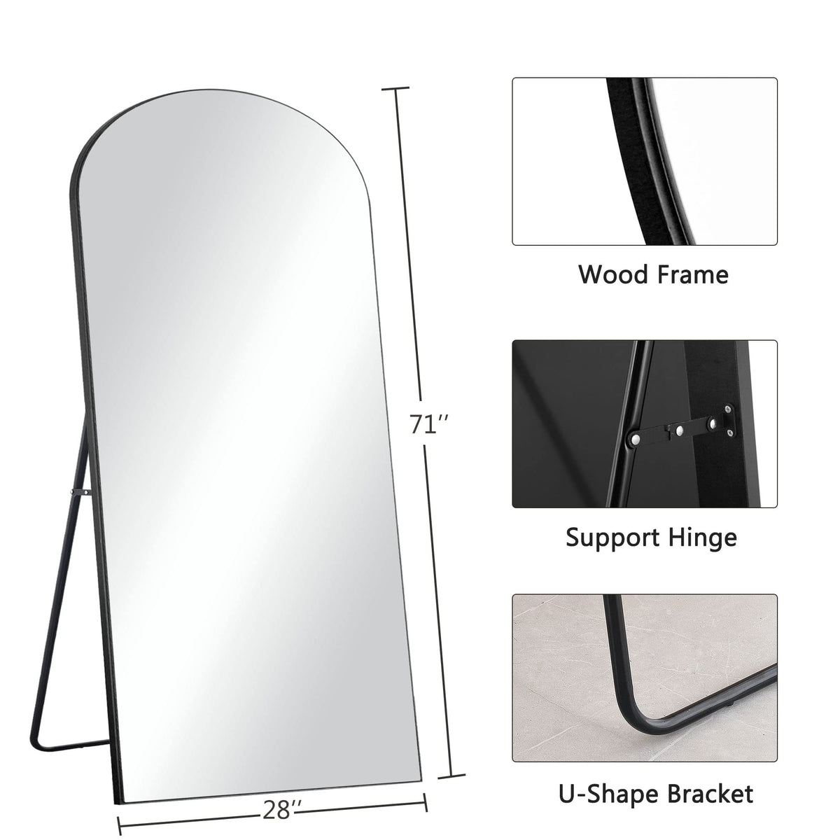 Trvone Arched Full Length Mirror, Wooden Thin Fram,71"x28"Full Body Mirror, Hanging or Leaning Against Wall, Bedroom Mirror, Floor Mirror, Dressing Mirror, Black