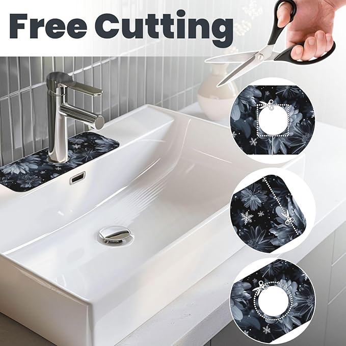 Faucet Draining Mat For Kitchen Sink, Stylized Gray Chrysanthemum Flowers