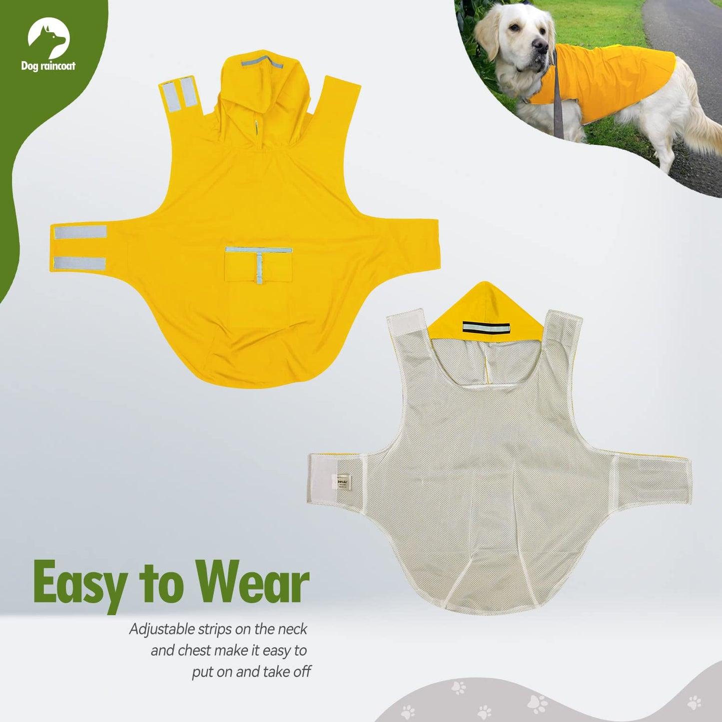 Zellar Dog Raincoat with Hood, Collar Hole, 100% Waterproof Ultra-Light Breathable Rainwear Rain Jacket with Safe Reflective Strips for Medium to Large Dog, Yellow, 5XL