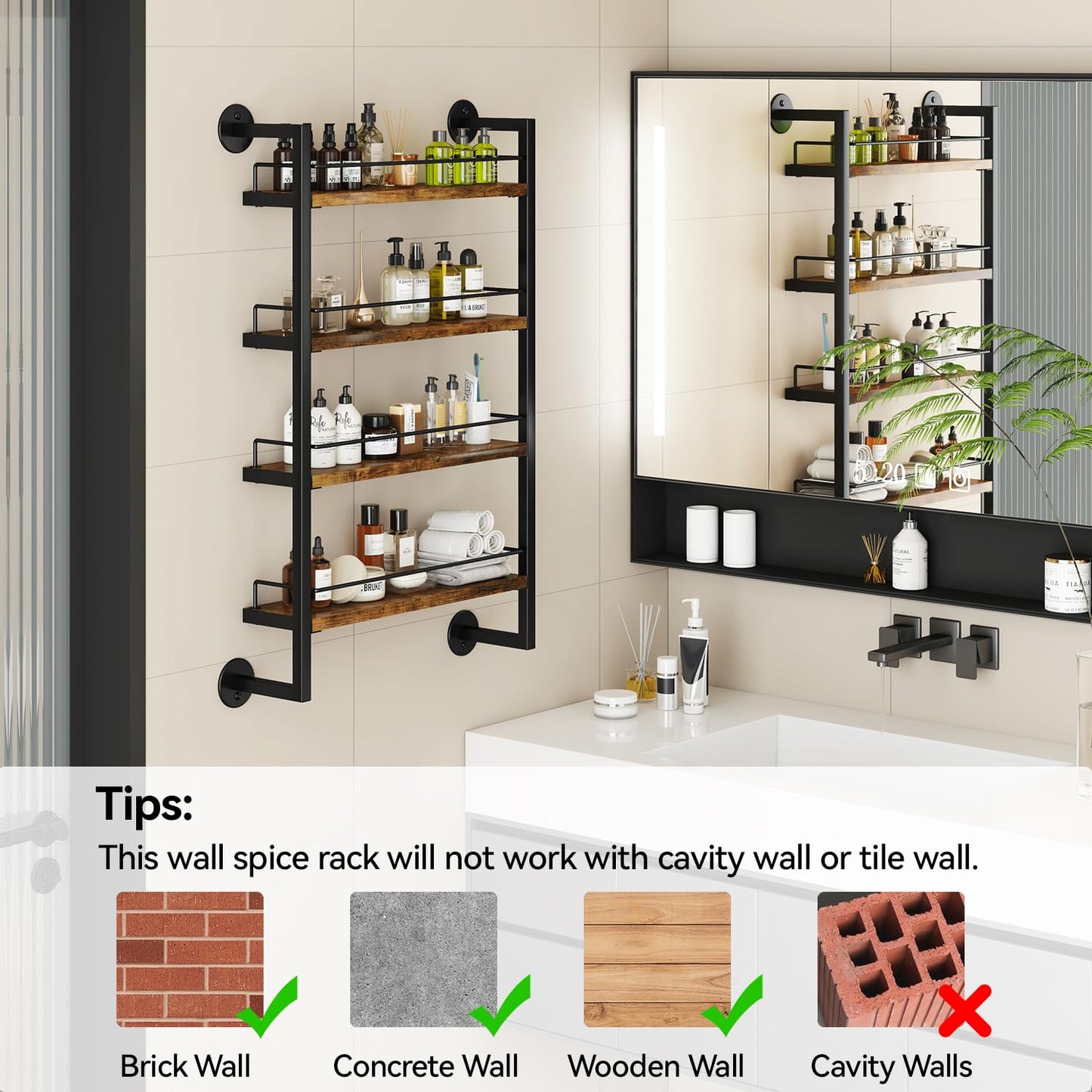 IBUYKE Spice Rack Wall Mount,4 Tier Hanging Seasoning Organizer,Large Spice Rack for Wall for up to 50 Jars,Spice Organization for Kitchen Cabinet,Bathroom,Pantry,Living Room,Brown TLJ016H