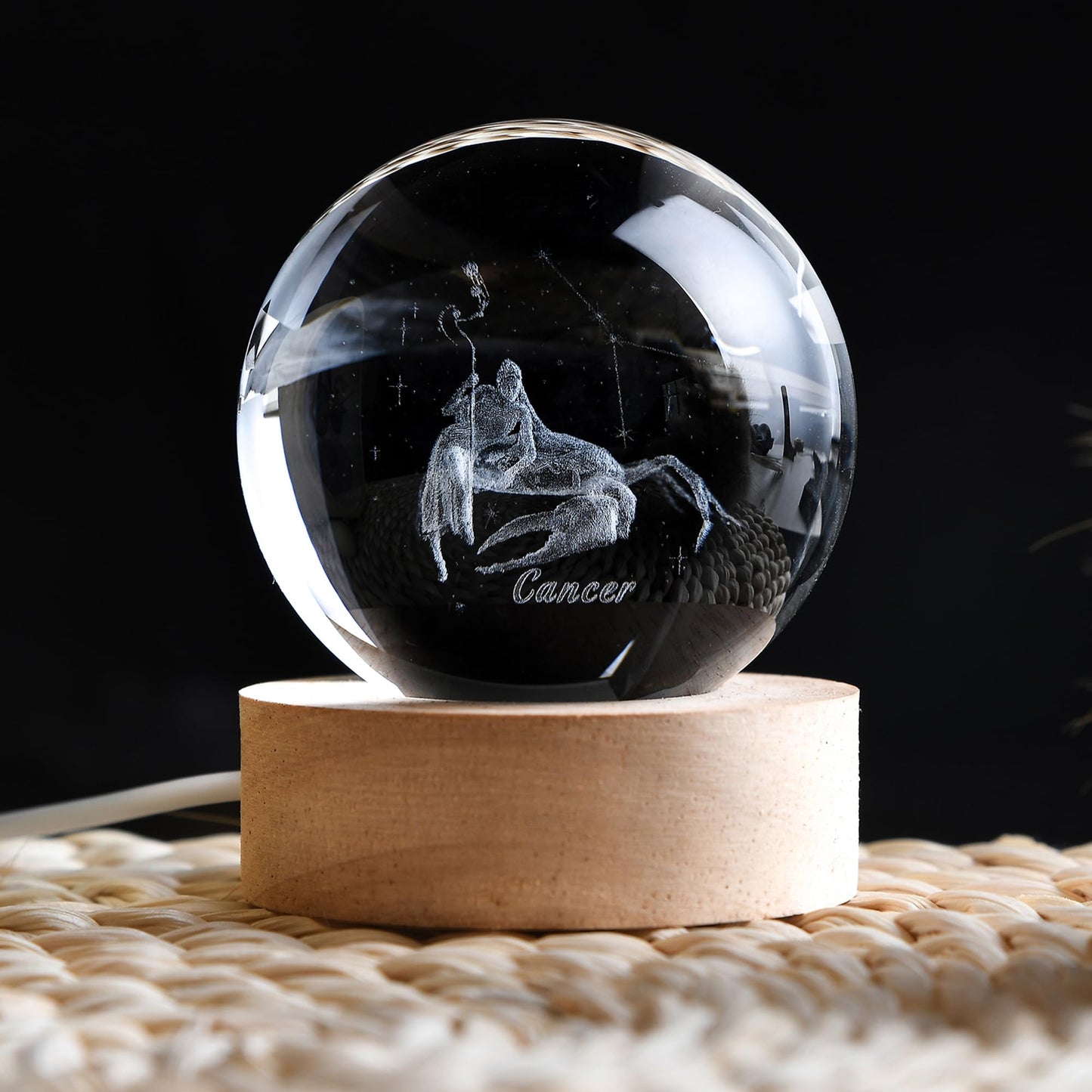 QIANCHANG 3D Etched Crystal Ball with LED Light Stand, Twelve Zodiac Cancer Constellation Decor Glass Sphere Lamp, Astrology Birthday Gifts for Women Kids