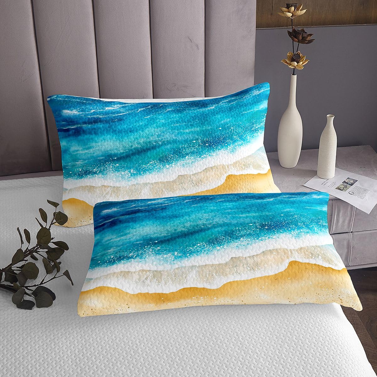 jejeloiu Ocean Sea Bedspread 3 Pieces Queen Size Beach Coverlet Set Soft Cozy Coastal Summer Lightweight Quilted Coverlet for All Season with 2 Pillowcases