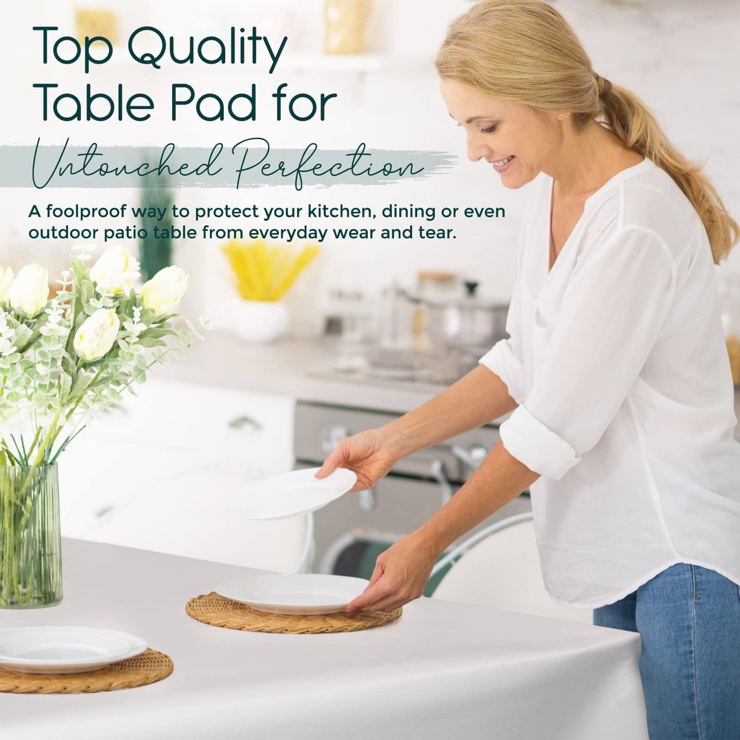 tablecloths by design - Quality Table Pad Protector, Superior Protection from Spills, Scratches & Heat - Reusable Vinyl Table Cloth with Cushion Flannel Backing (108" L x 54" W)