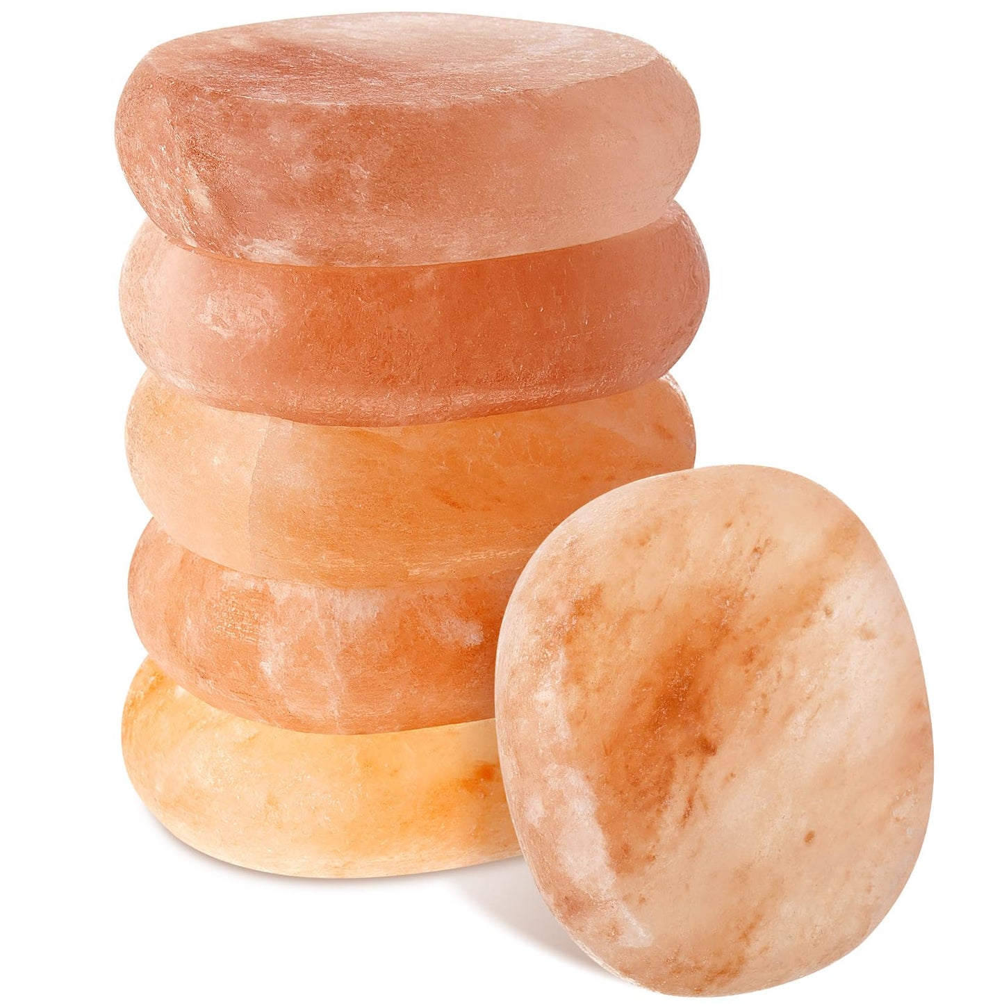 Swiffen 6 Pcs Flat Oval Massage Stone 3.5 x 1 x 2.6 Crystal Hand Carved Stone for Massages Therapy Himalayan Salt Massages Rocks Natural Pink Heated Warmer Stones for Spa Massage Salt and Sugar