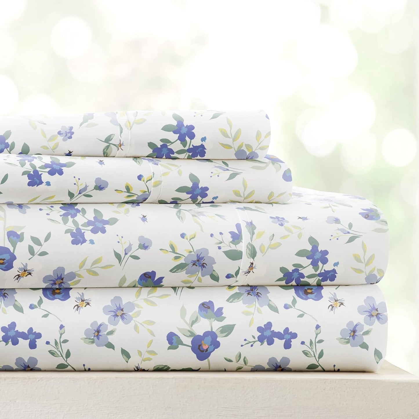 Linen Market 4 Piece King Sheet Set - Breathable, Double-Brushed Patterned Cooling Sheets – Oeko-TEX Certified Ultra Soft & Wrinkle-Free 16" Deep-Pocket King Sheets - Easy Care Blossoms Light Blue