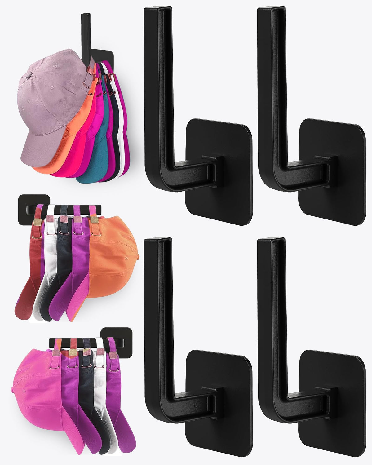 Sunfanie Hat Rack for Hat Storage (4-Pack), Multi-Purpose Hat Organizer, Strong Adhesive Hooks for Wall Organizer for Baseball Caps, Two Mounting Options Hook, Black