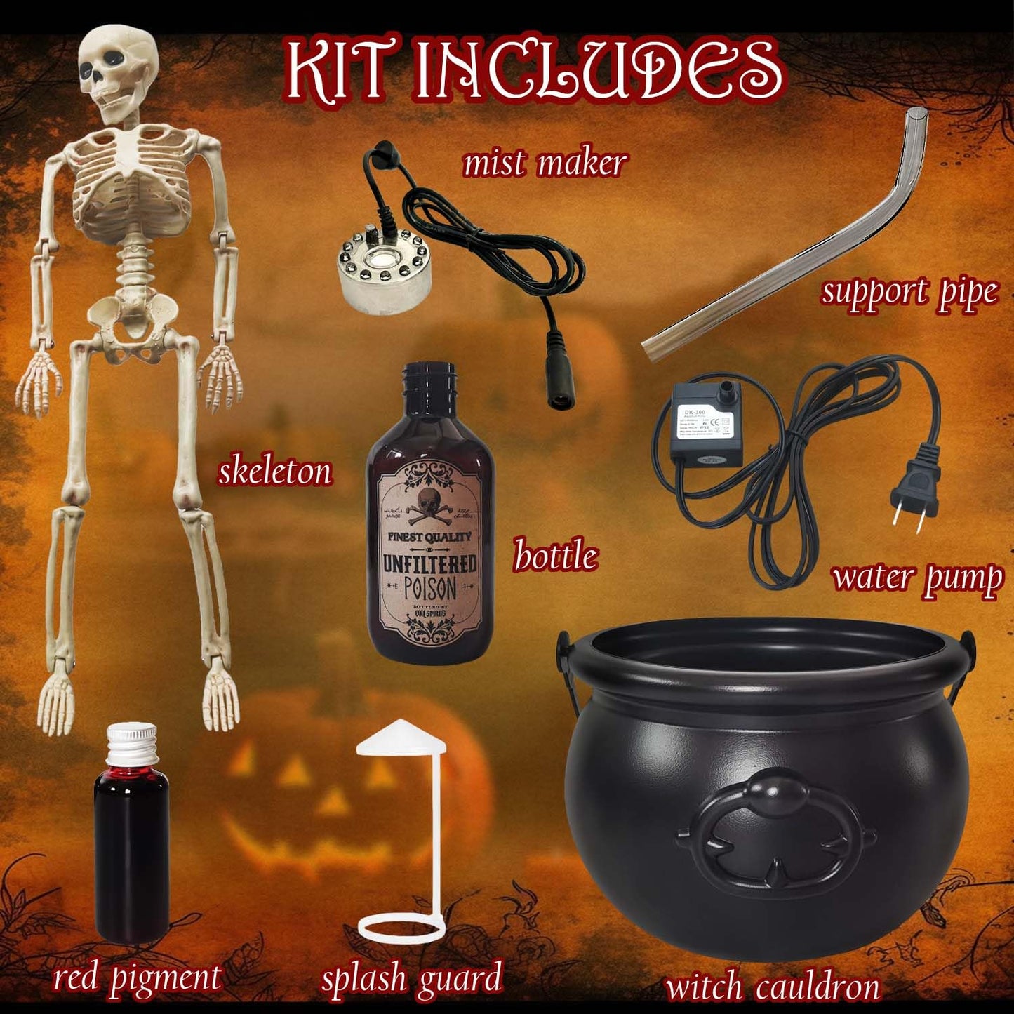 Halloween Decoration Set, Ultrasonic Mist Maker Fogger with Black Witch Cauldron DIY Magic Floating Bottles Halloween Skeleton Splash Guard, Spooky Hocus Pocus Party Decor for Home Garden Kitchen Yard