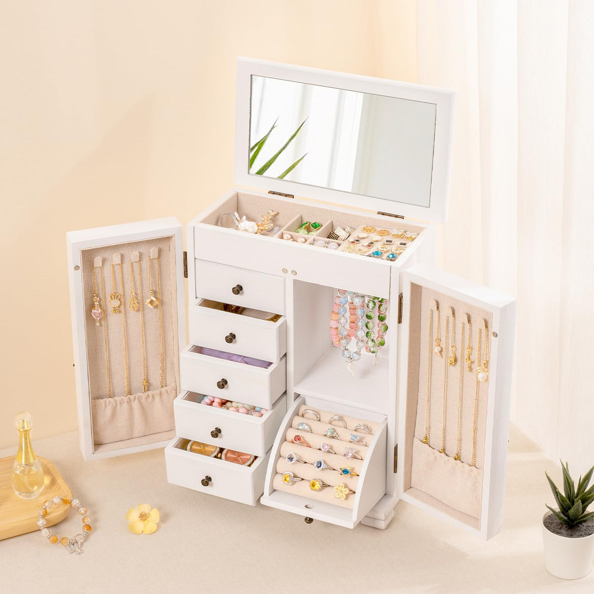 SINGBLA Jewelry Box Organizer, Farmhouse Wooden Jewelry Boxes for Women Girls, 6 Layer Jewelry Case Storage with Bracelet Holder Display Hooks for Necklaces Earrings Rings Bracelets (Weathered White)