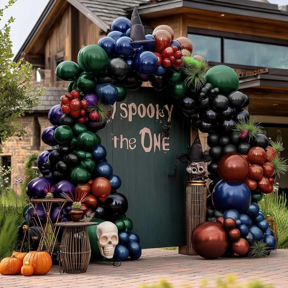 Halloween Balloon Arch Double Stuffed, Dark Green Navy Blue Burgundy Purple Black Balloon Garland Kit for Birthday Witch Gothic Spooky Magic School Party Decoration
