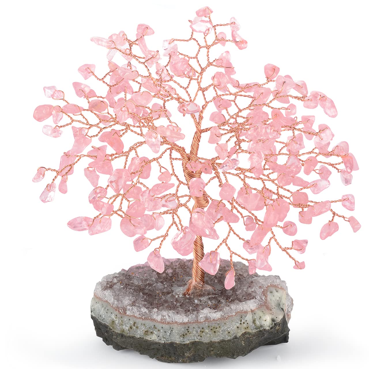 MASGEMES Natural Rose Quartz Gemstone Crystal Tree of Life, Amethyst Cluster Base,Feng Shui Decor Bonsai Money Tree,Healing Crystal Positive Energy Gift Size 5.5-6.3 Inches
